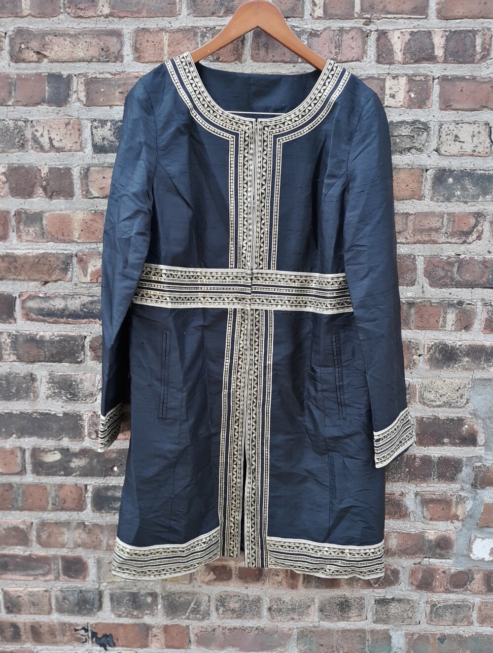 Sigrid Olsen 100% Silk Beaded Duster Coat Jacket Black Gold Sequin Imperial 12 L